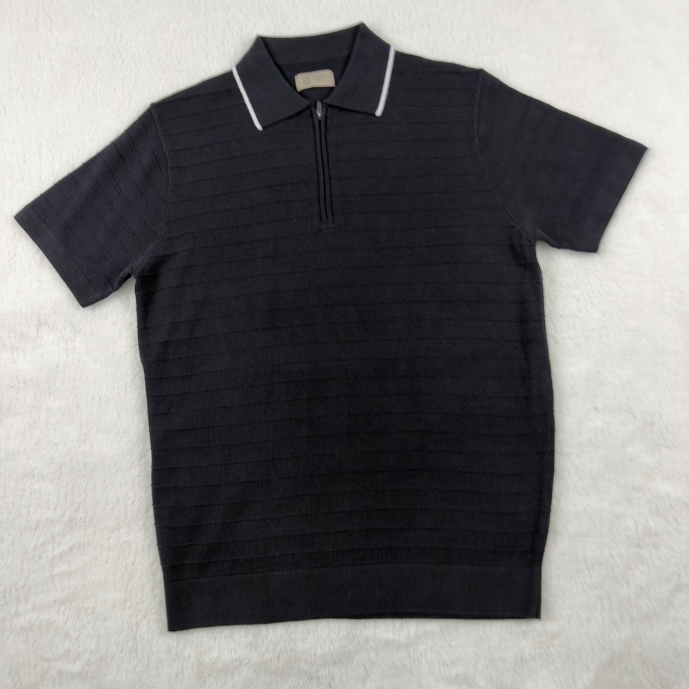 Hudson & Barrow Mens Black Textured Knit Quarter Zip Polo Shirt Size M